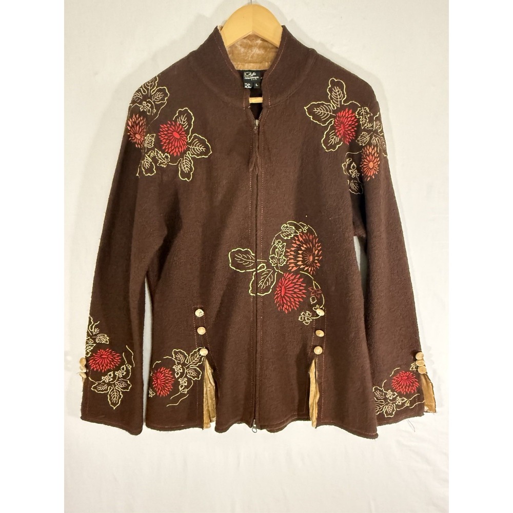 Covelo Clothing Wool Embroidered Front Zip Jacket/Blazer Sz Large Brown Velvet